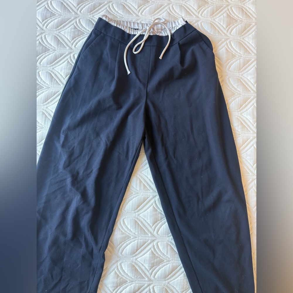 Zara Navy Drawstring Joggers with White Waistband